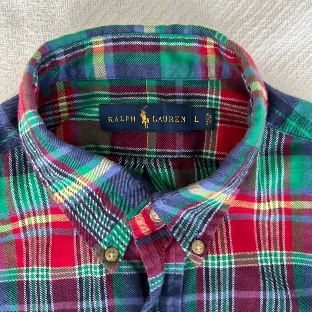 Polo Ralph Lauren Red and green plaid flannel button down shirt L 100% cotton
